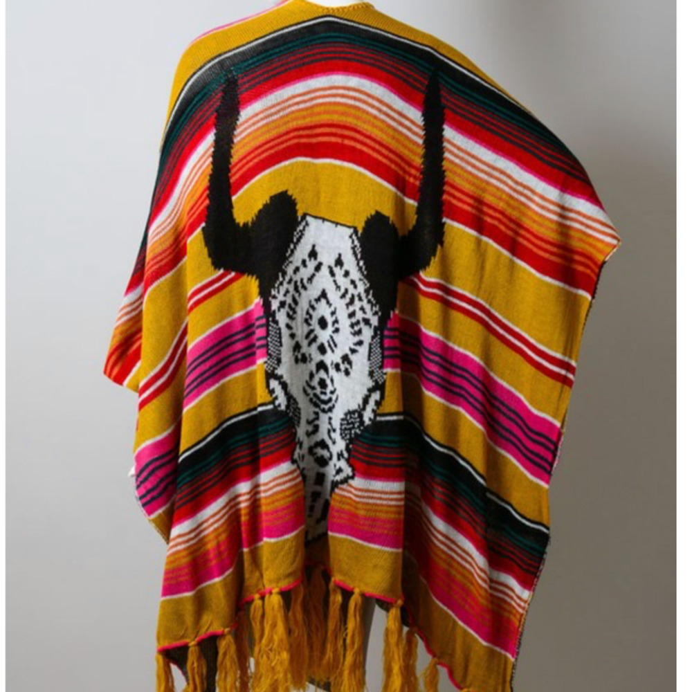 New Boho Bull Skull Serape Stripe Poncho Muiticolor Mustard